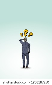 A confused businessman in suit scratching his head with question mark over his head. Hand drawn vector illustration.