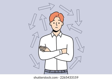 Confused businessman surrounded with numerous arrows facing different directions. Frustrated man think of what way to choose make decision. Dilemma. Vector illustration. 