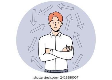 Confused businessman surrounded with numerous arrows facing different directions. Frustrated man think of what way to choose make decision. Dilemma. Vector illustration.