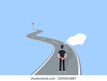 Confused businessman is thinking and aiming at future target flag. Thinking and planning, Finding purpose, Objective and motivation, Business target concept.