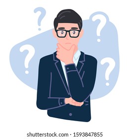 Confused businessman is thinking with crossed arm. Question mark. Musing employee in suit. Worried office worker making difficult decision. Isolated concept vector illustration in cartoon flat style.