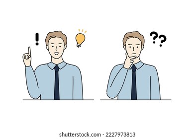 Confused Businessman thinking good idea and solving problem with light bulb. Creativity, success, decision making, brainstorm concept. Cartoon people vector design illustrations.