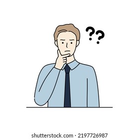 Confused Businessman thinking with hand on chin with question mark. Problem solving, creative idea, challenge, decision making, brainstorm concept. Hand Drawn cartoon vector design illustrations.