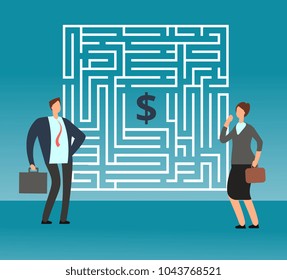Confused businessman thinking how to pass out maze and get money. Teamwork and career vector concept. Solution maze and strategy, challenge and problem, business labyrinth illustration