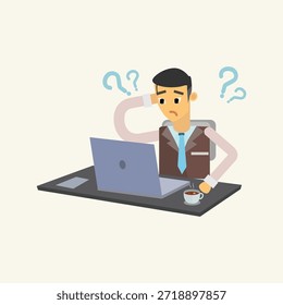 Empresário confuso pensando com pontos de interrogação na ilustração do vetor do laptop