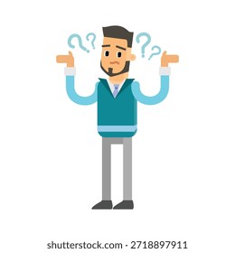Hombre de negocios confundido que piensa con signos de interrogación Ilustración vectorial