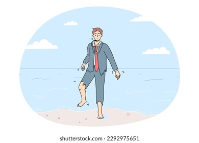 Confused businessman in torn suit walk out of ocean into beach. Frustrated male employee save after crash walk to seashore. Vector illustration. 