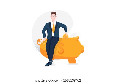 Confused businessman tries to put a coin into a large piggy bank concept illustration. 