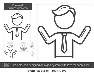 Confused businessman vector line icon isolated on white background. Confused businessman line icon for infographic, website or app. Scalable icon designed on a grid system.