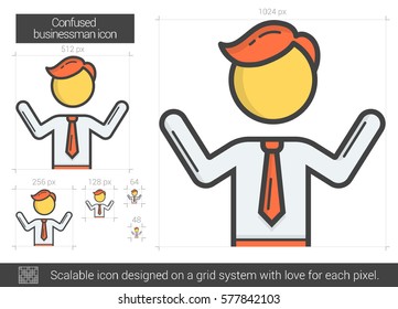 Confused businessman vector line icon isolated on white background. Confused businessman line icon for infographic, website or app. Scalable icon designed on a grid system.