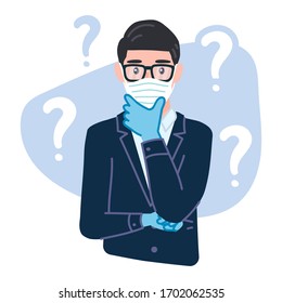 Confused businessman wearing protective Medical mask and gloves for prevent corona virus Covid-19, is thinking with crossed arm. Question mark. Musing employee in suit. Worried office worker