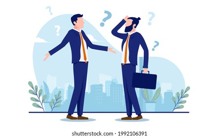 Confused businessmen - Two men with question marks. Business confusion concept. Vector illustration with white background.