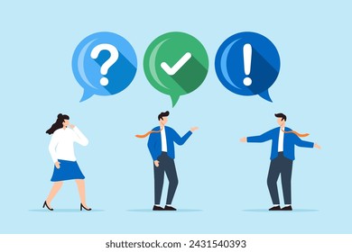 Confused businesspeople asking questions and providing answers to solve problems. Concept of FAQ, advice, help and support services, communication, and team brainstorming