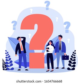 Confused businesspeople asking questions. Puzzled cartoon characters searching answers and problem solution near big question mark. Vector illustration thinking, help, assistance, trouble for concept