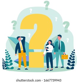 Confused businesspeople asking questions. Puzzled cartoon characters searching answers and problem solution near big question mark. Vector illustration thinking, help, assistance, trouble for concept