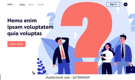 Confused businesspeople asking questions. Puzzled cartoon characters searching answers and problem solution near big question mark. Vector illustration thinking, help, assistance, trouble for concept