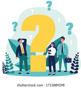 Confundidos empresarios haciendo preguntas. Caricaturas desconcertadas buscando respuestas y solución de problemas cerca de un gran signo de interrogación. Ilustración vectorial, pensamiento, ayuda, problemas de concepto