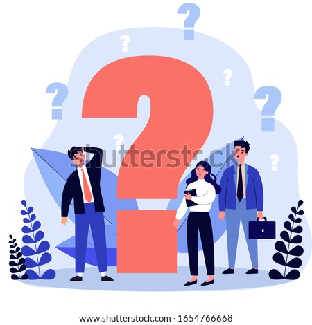 Confused businesspeople asking questions. Puzzled cartoon characters searching answers and problem solution near big question mark. Vector illustration thinking, help, assistance, trouble for concept