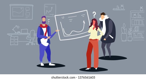 confused businesspeople office workers studying financial graphs businessman coach presenting report pointing on sales statistic office interior sketch doodle horizontal