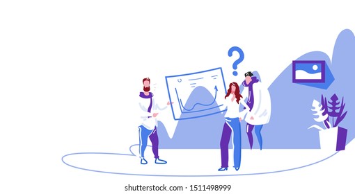 confused businesspeople office workers studying financial graphs businessman coach presenting report pointing on sales statistic data office interior sketch horizontal full length