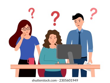 Confused businesspeople with question mark concept vector illustration. Working problem.