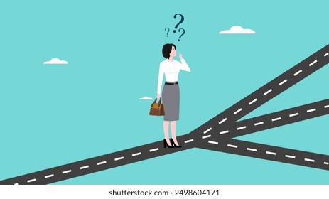 confused businesswoman in determining career path, make a career path decision, choosing concept, confused businesswoman standing at a crossroads determining the direction of her career path