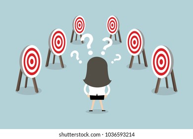Confused businesswoman with many tasks and target. vector