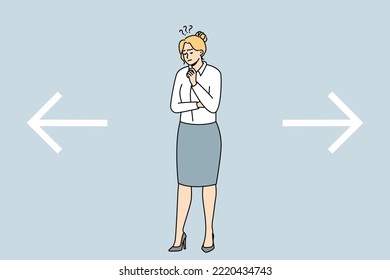 Confused businesswoman near huge arrows facing different directions make choice or decision. Frustrated woman employee think consider idea. Vector illustration. 