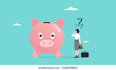 confused businesswoman with piggy bank and question marks illustration suitable to describe about financial question or saving problem, money solution, saving money and investment, wealth concept