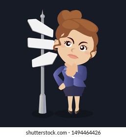 Confused businesswoman thinking and making choice at road sign