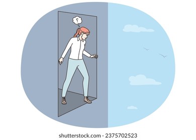 Confused businesswoman walk from door in unknown. Frustrated female scared to fall stand at dead end. Challenge and risk. Vector illustration.