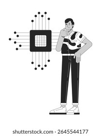 Confuso pelo conceito de ilustração de linha eletrônica. Curso da escola de TI. Aprendizado de máquina. A curiosidade de um estudante indiano em processador de microchips delineia um personagem 2D isolado. Arte vetorial de metáfora linear de tinta