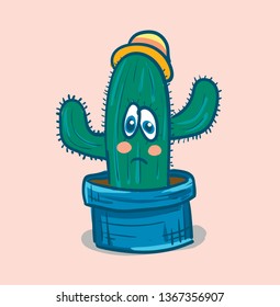 confused cactus with hat vector or color illustration