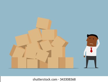 Confused cartoon african american businessman looking at large pile of cardboard boxes and worrying about problems of delivery