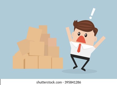 Confused Cartoon African American Businessman Looking At Large Pile Of Cardboard Boxes.