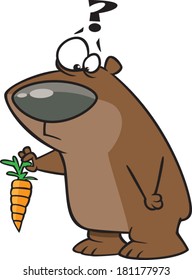 Confused Cartoon Bear Holding A Carrot