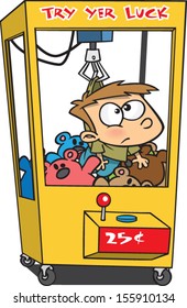 Confused cartoon boy stuck in a toy machine