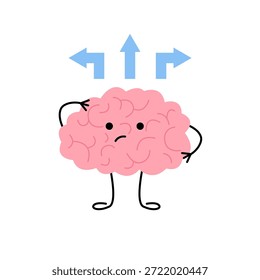 Cerebro de dibujos animados confundido con múltiples opciones de flecha sobre la cabeza. Concepto de toma de decisiones, resolución de problemas o lucha mental. Proceso de pensamiento. Ilustración vectorial
