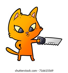 gato de dibujos animados confuso con sierra