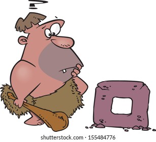 Confused cartoon caveman with a square wheel