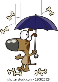 confused cartoon dog holding an umbrella as bones fall like rain