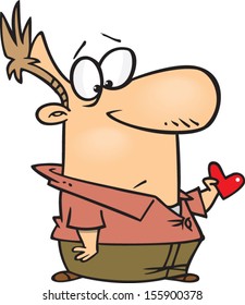 Confused cartoon man holding a small heart