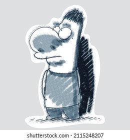 confused cartoon man looking up. vector illustration, blue tint, halftone dot effect.
