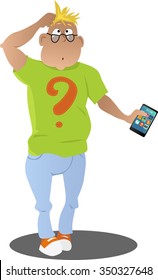 Confused cartoon man with a smart-phone in his hand, EPS 8 vector illustration, no transparencies