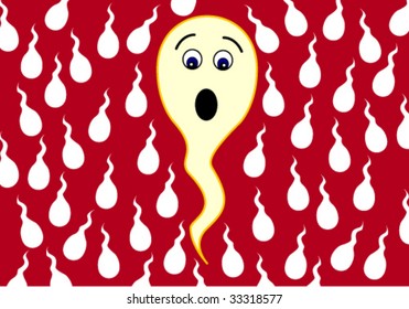 A confused cartoon sperm swims the wrong way down the stream