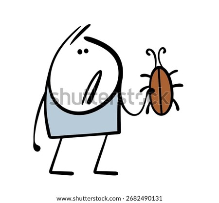 Confused cartoon stickman has caught a large bug. Vector illustration of a child finding an insect. Zoology lesson at school, studying animals.