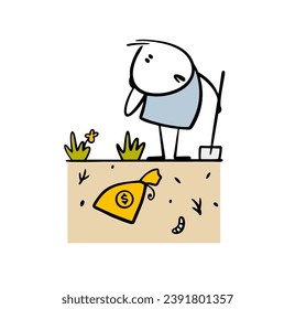 Confused cartoon stickman stands over bag of money with shovel and does not know where to look and dig. Vector illustration of  ancient treasure buried in  ground and the loser forgot the place.