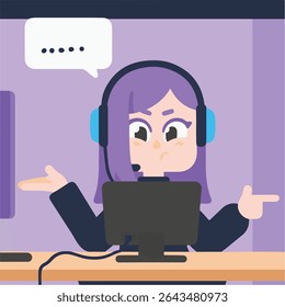 Confused cartoon woman with headset at computer desk.