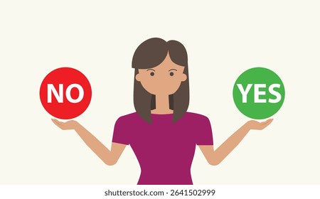 confused casual woman with hands making decision yes or no concept