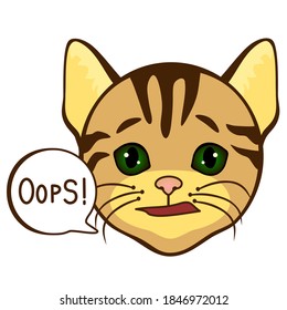 confused cat emoticon saying Oops with a speech bubble, simplistic facial expression vector illustration, cartoon character, simple hand drawn icon from a set
